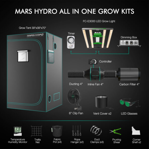 Mars Hydro FC-E3000 300W LED Kasvulamp ja 100x100x180cm kasvutelk komplekt