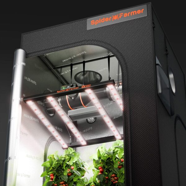 Spider Farmer SE3000 LED kasvulamp paigaldatuna kasvatustelgi laes.