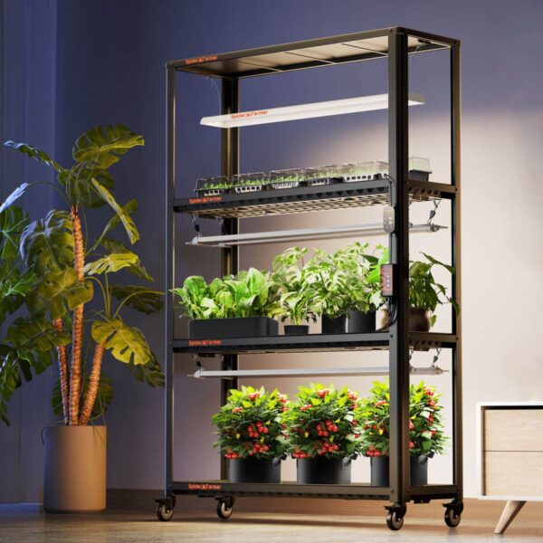 Spider Farmer Glow80 LED valgustid paigaldatuna taimeriiulile