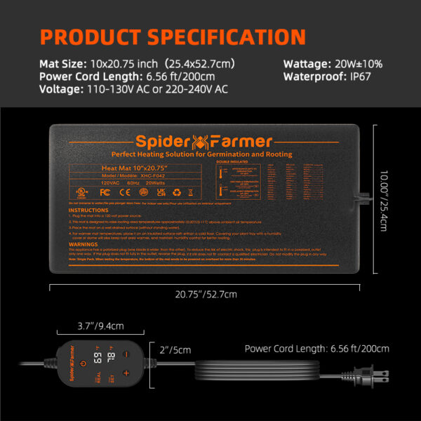 Spider Farmer soojendusmati 25x52cm tehnilised andmed.