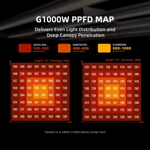 Spider Farmer G1000W LED-taimelambi PPFD valgusjaotuse kaart