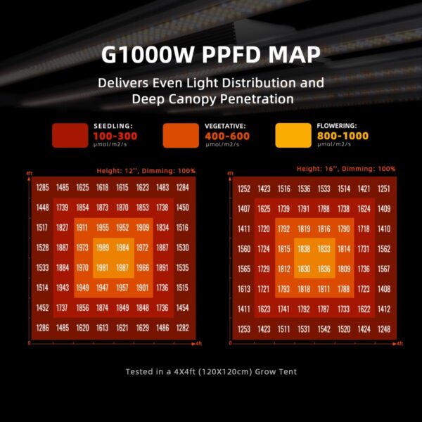 Spider Farmer G1000W LED kasvulambi PPFD kaart
