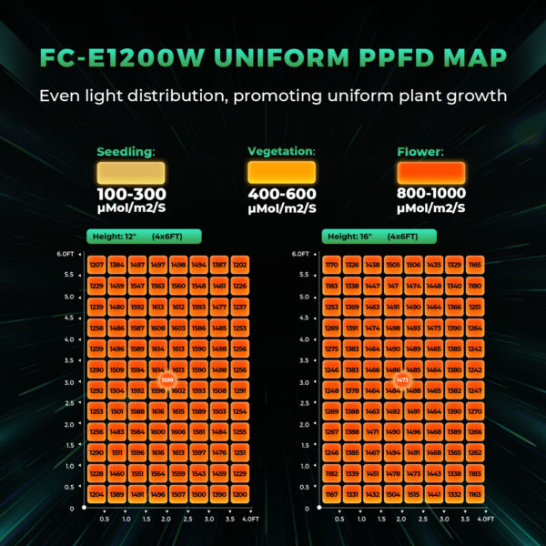 Mars Hydro FC-E 1200W LED Kasvulambi ühtlane PPFD jaotus