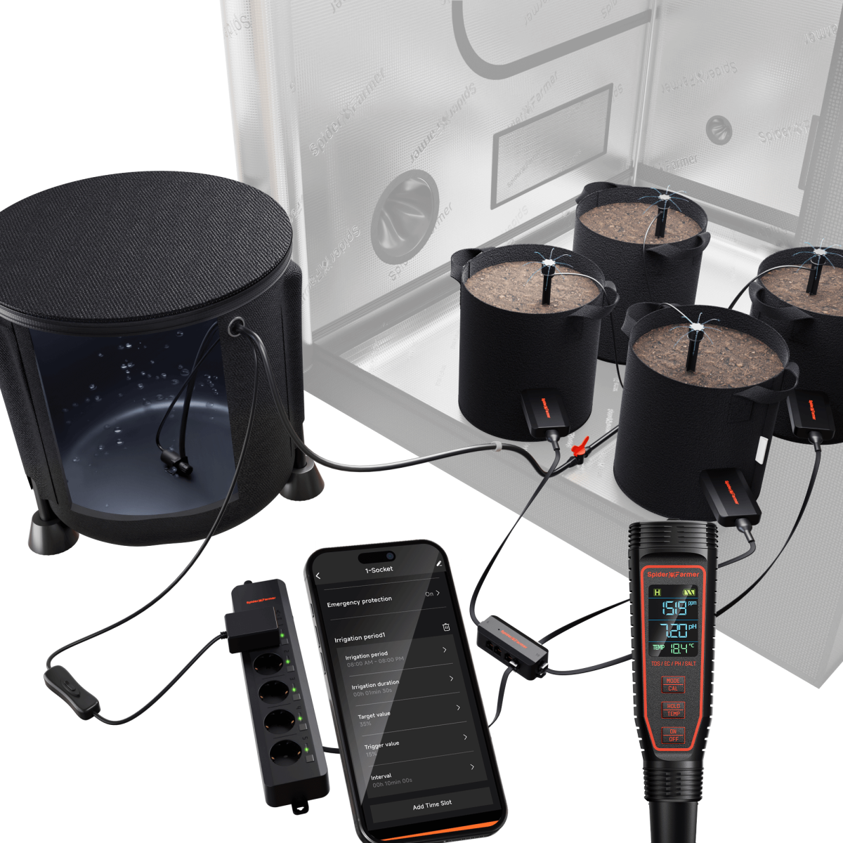 Spider Farmer GGS AC5 nutikas pistikupesa, tilkkastmissüsteem, pH-meeter ja mullaandurid komplekt