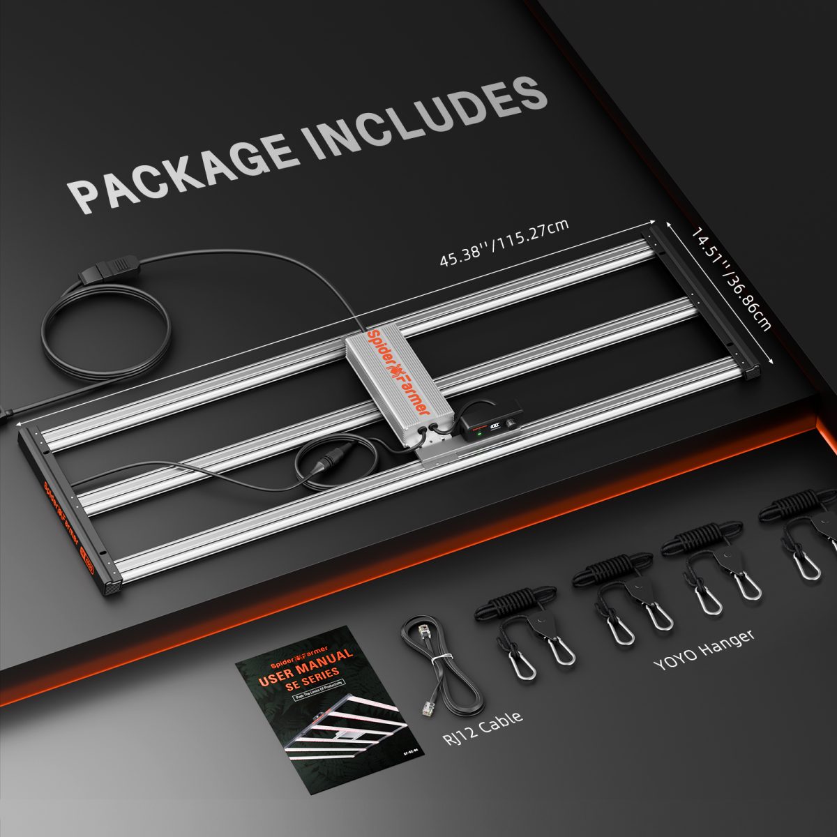 Spider Farmer SE4500 kasvutelkide komplekti pakendi sisu