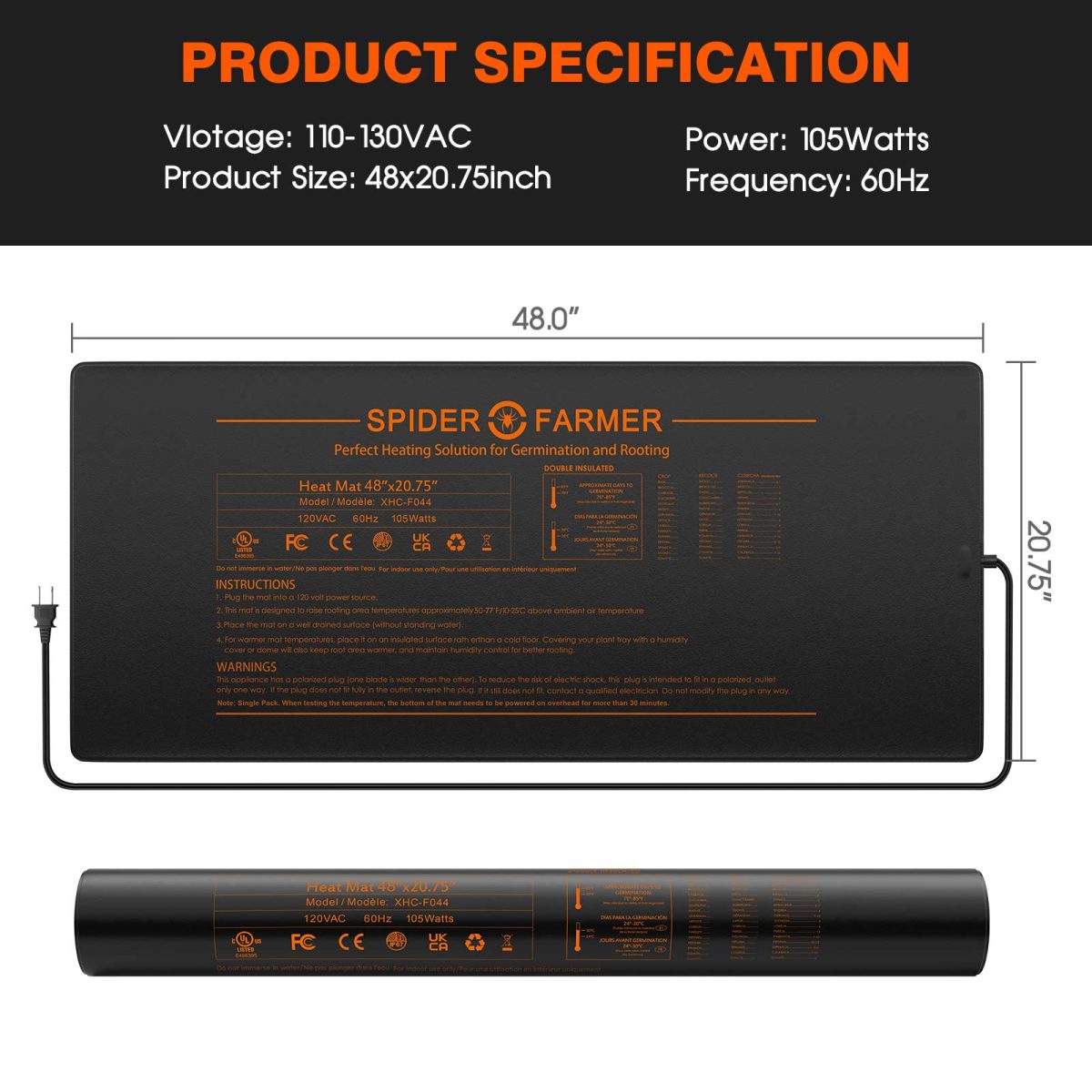 Spider Farmer soojendusmatt mõõtudega 121x52cm