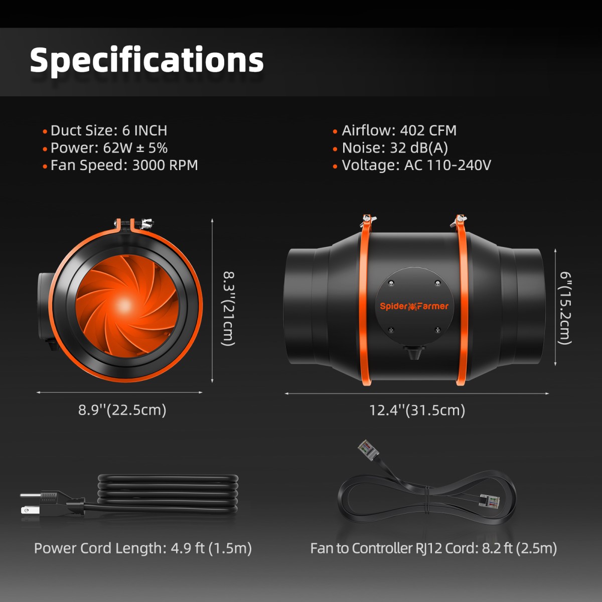Spider Farmer 6-tolline toruventilaator RJ12 ühendusega