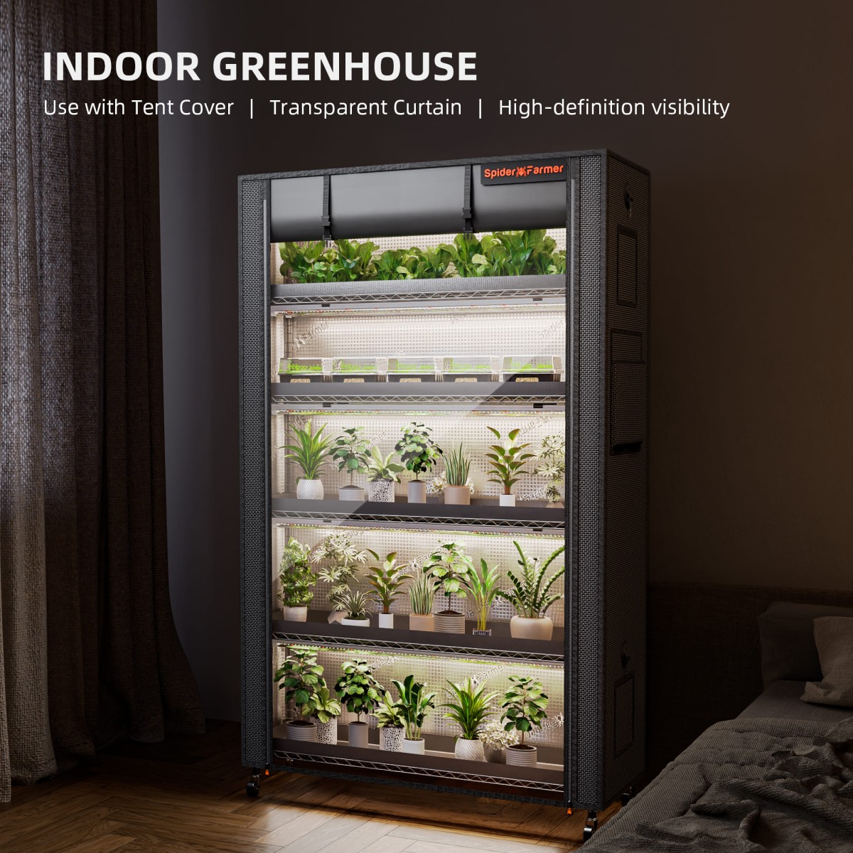 Spider Farmer taimeriiul LED kasvulampidega kasvuhoones