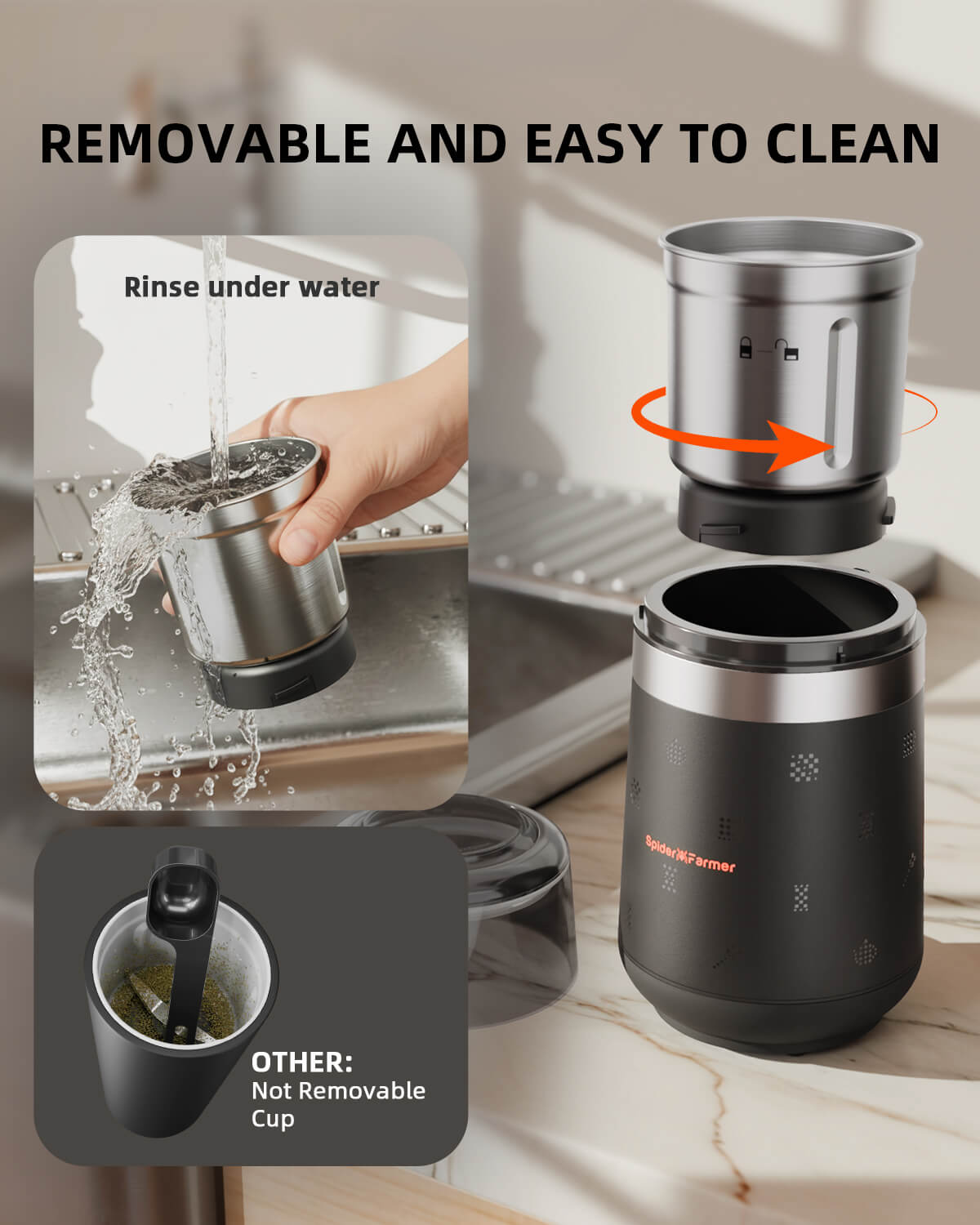 Spider Farmer Elektriline Maitsetaimede ja Vürtside Veski eemaldatava roostevabast terasest anumaga - Image 5