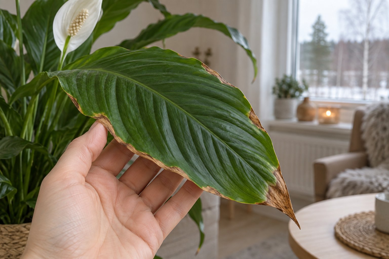 Lähivõte toataime lehest, mille tipp ja servad on kuivad ja pruunid