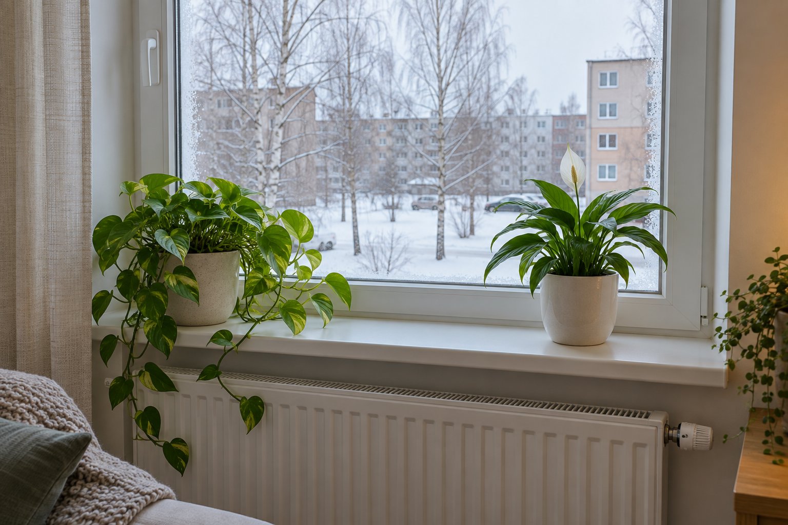 Toataimed aknalaual otse radiaatori kohal, akna taga härmas talvine hoov