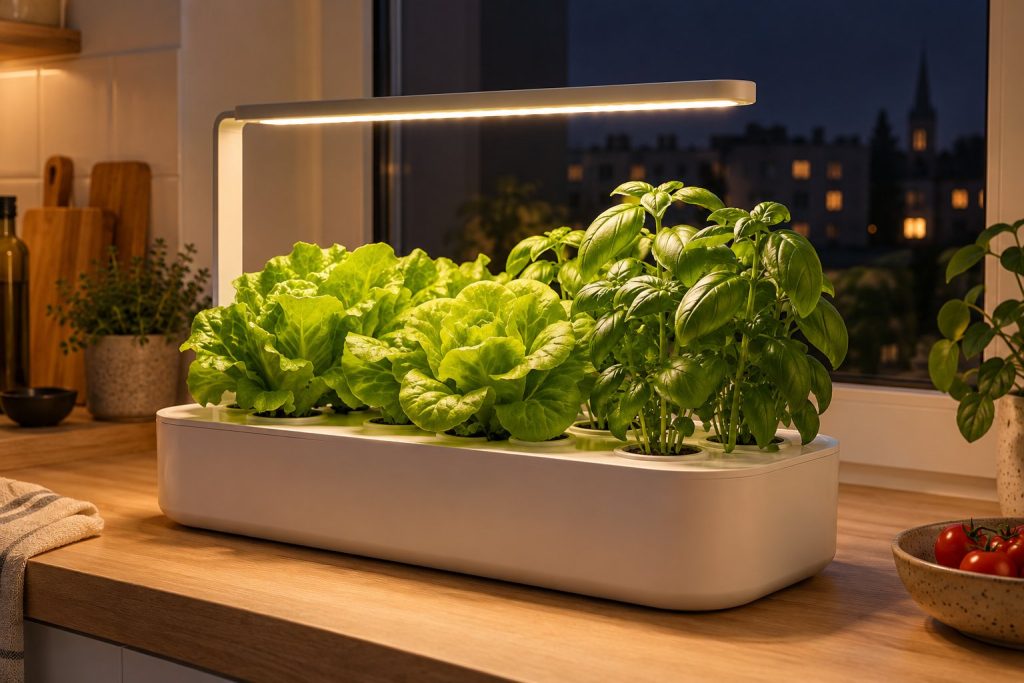 Valge kompaktne hüdropoonika lauaaed köögilaual, selles kasvavad salat ja basiilik LED-valguse all, akna taga õhtune pimedus
