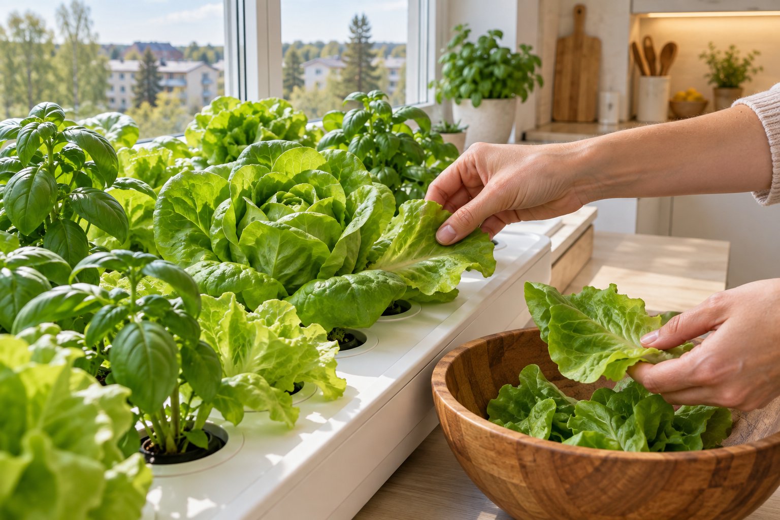 Käed korjavad hüdropoonikas kasvanud salatitaimelt välimisi lehti puidust kaussi