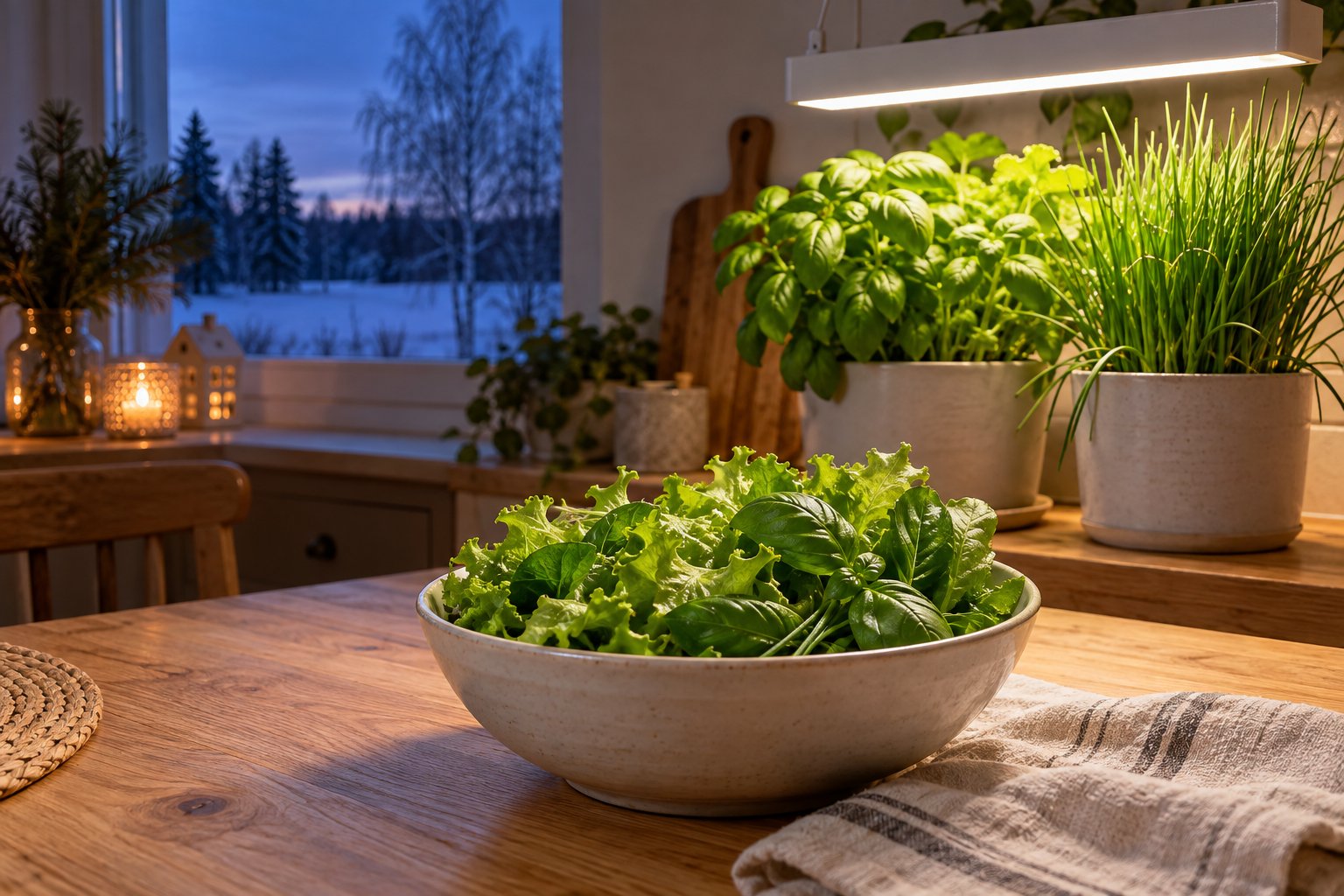 Värskelt lõigatud salat ja basiilik kausis köögilaual, taga potis basiilik ja murulauk LED lambi all