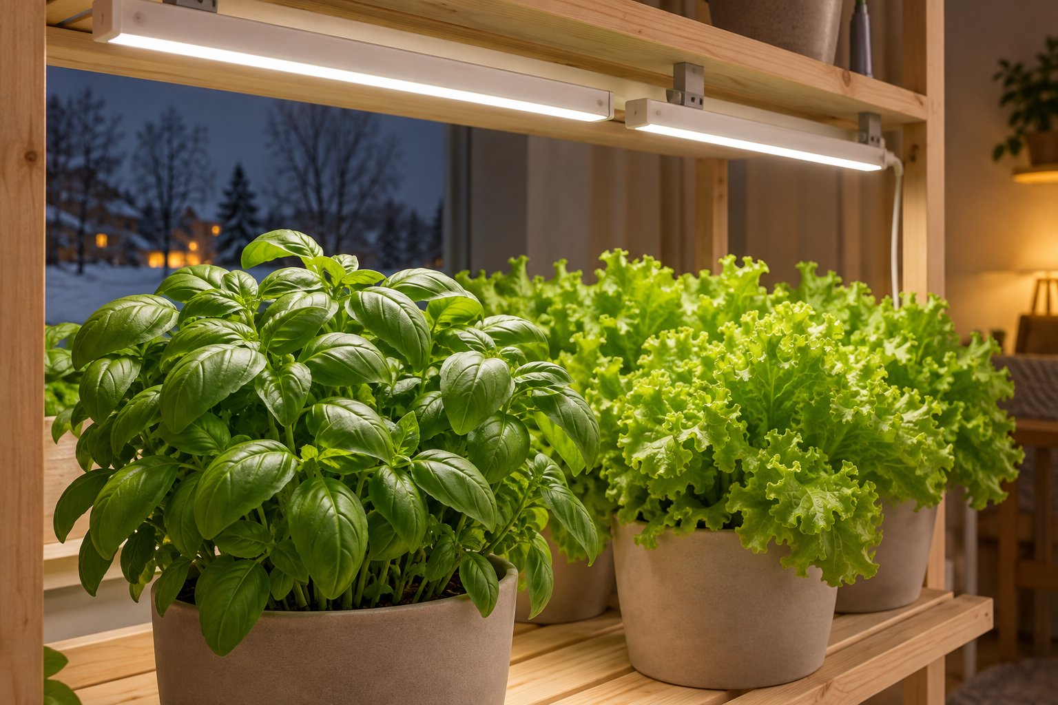 Kompaktne basiilik ja lehtsalat pottides LED ribade all