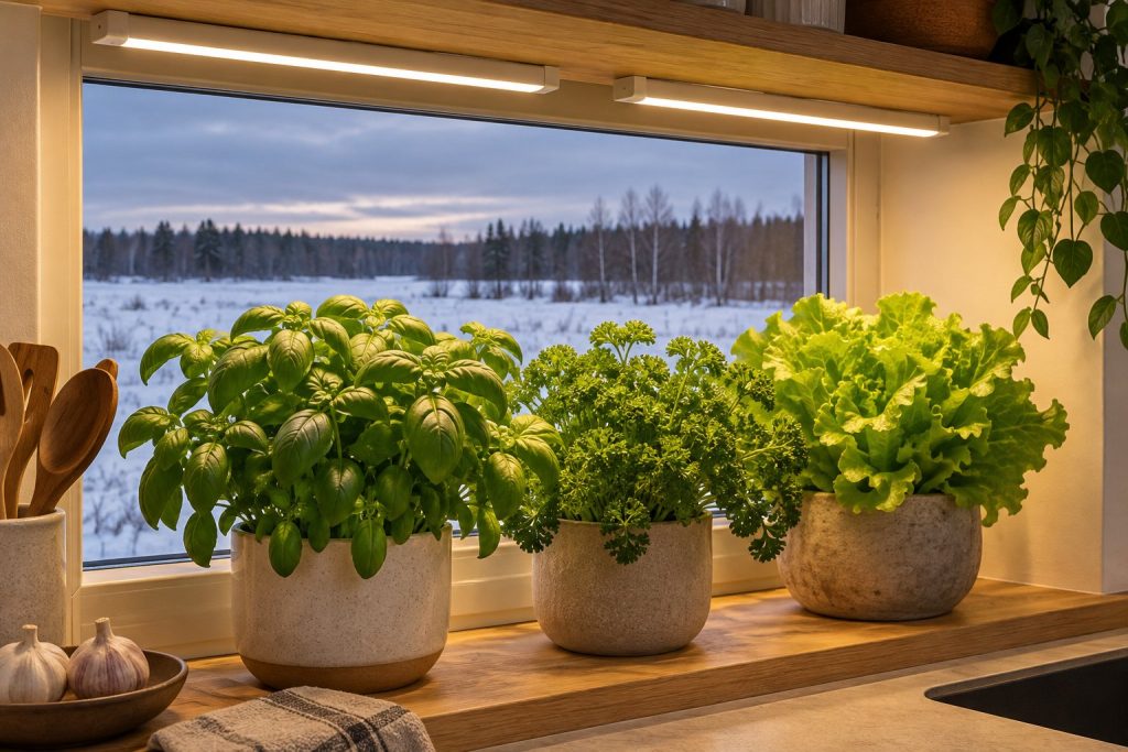 Basiilik, petersell ja lehtsalat köögi aknalaual kahe valge LED riba all, akna taga lumine põld