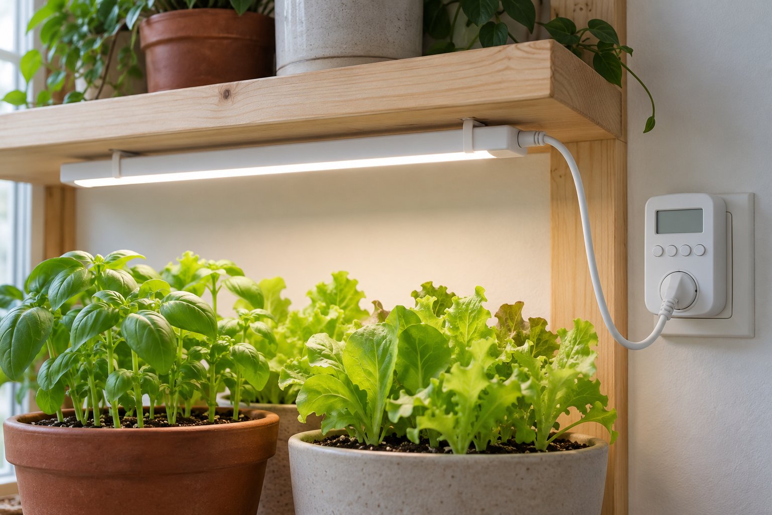 Valge LED riba kinnitatud klambritega puidust riiuli alla, all basiilik ja salat, seinapistikus taimer
