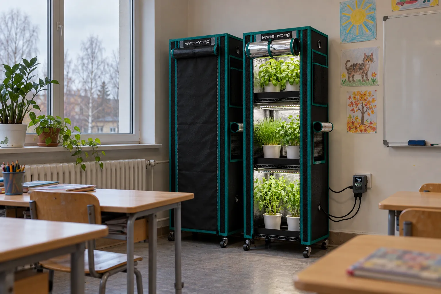 Kaks Mars Hydro 4-korruselist taimeriiulit klassiruumis: vasakul telk suletud, paremal avatud – riiulitel kasvavad basiilik, murulauk ja salat LED-valguse all