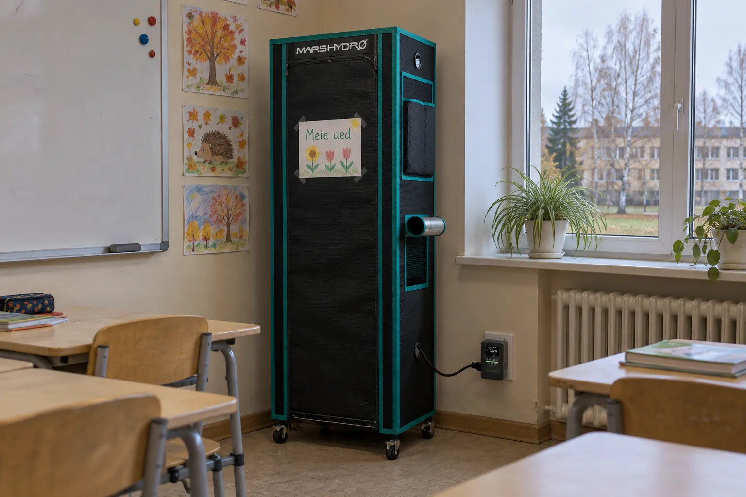 Suletud telgiga Mars Hydro taimeriiul klassiruumi nurgas, uksel laste joonistatud silt „Meie aed“, kõrval iTime nutitaimer